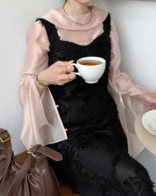 (ORIGINAL) Round Collar Button Sheer Blouse