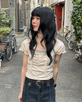 Shirred lace tie T-shirt