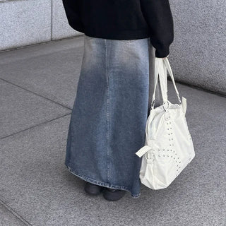 Stitched flared long denim skirt