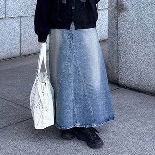 Stitched flared long denim skirt