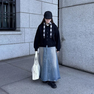 Stitched flared long denim skirt