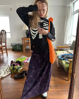 Flower Stitch Fleece Maxi Skirt