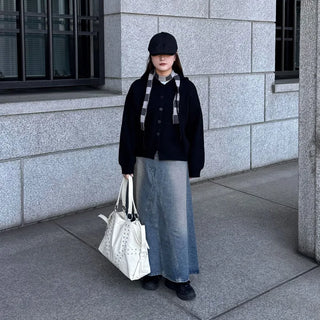 Stitched flared long denim skirt