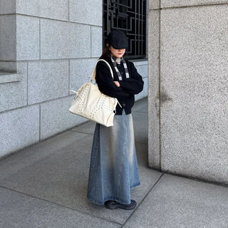 Stitched flared long denim skirt