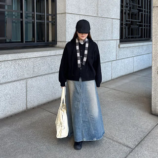 Stitched flared long denim skirt