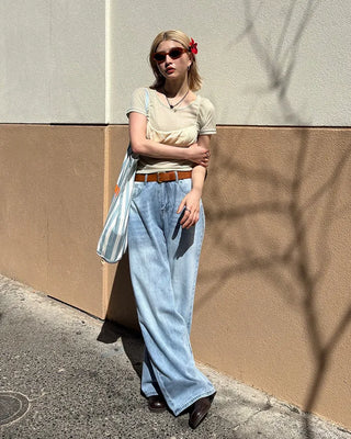 Washed design wide denim pants