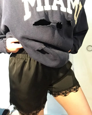 Flower Lace Hem Satin Easy Shorts