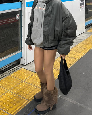 Harness-attached pattern fur suede short boots
