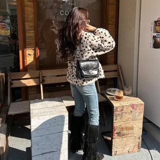 Leopard fur collar coat