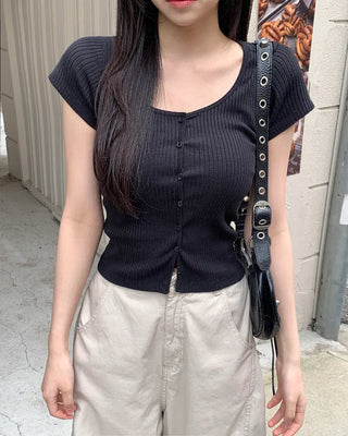 Slim ribbed short-sleeved cardigan (4 colors)