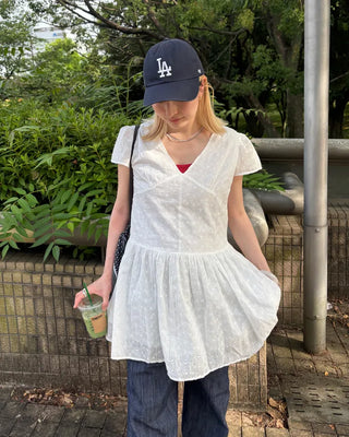 Flower Punching Cap Sleeve Peplum Tunic