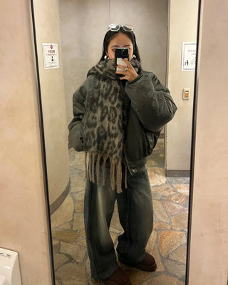 Leopard fringe knit scarf
