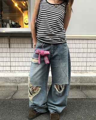 Three Vintage Distressed Wide Denim Pants