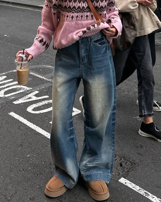 Unique whiskered wash low-rise denim pants