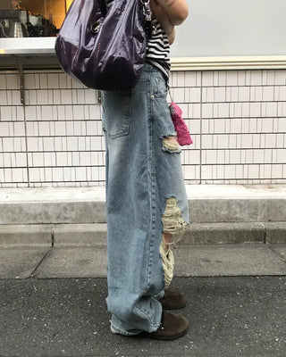 Three Vintage Distressed Wide Denim Pants