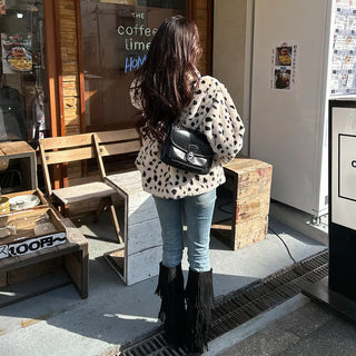 Leopard fur collar coat
