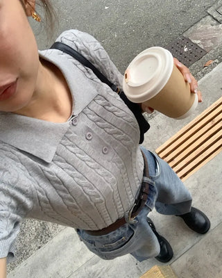 Cable knit slim-fit short-sleeve knit