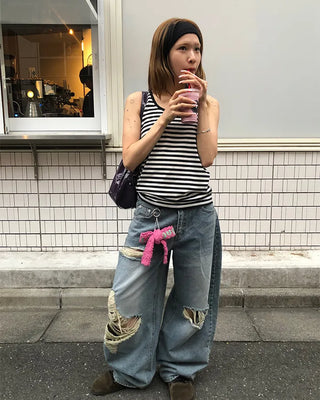 Three Vintage Distressed Wide Denim Pants