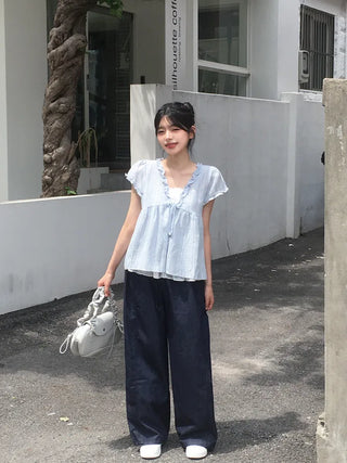String Wide Summer Low Denim Pants