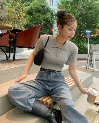 Cable knit slim-fit short-sleeve knit