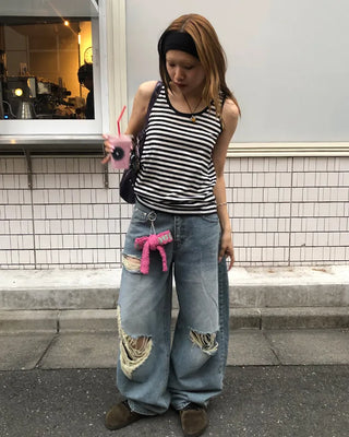 Three Vintage Distressed Wide Denim Pants