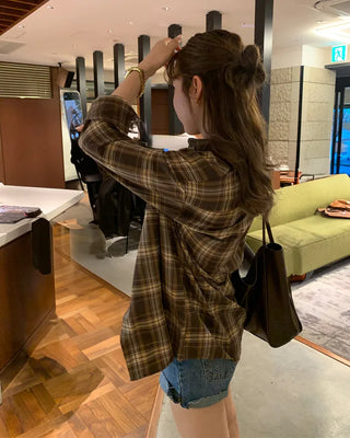 Brown oversized check pattern shirt