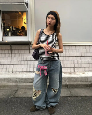 Three Vintage Distressed Wide Denim Pants