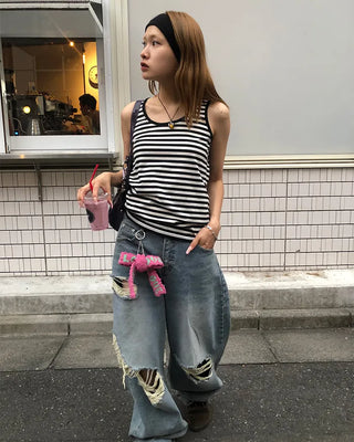 Three Vintage Distressed Wide Denim Pants