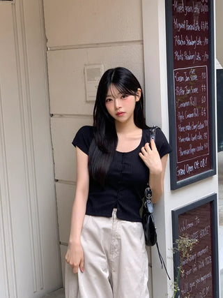 Slim ribbed short-sleeved cardigan (4 colors)