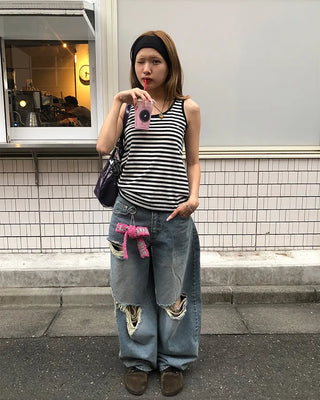 Three Vintage Distressed Wide Denim Pants