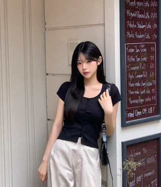Slim ribbed short-sleeved cardigan (4 colors)