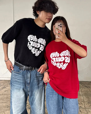 (Unisex) Heart Lettering Short-Sleeve Knit