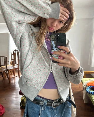 Mini Flower Double Zip Sweatshirt Hoodie