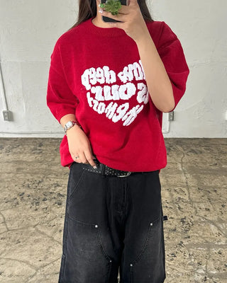(Unisex) Heart Lettering Short-Sleeve Knit