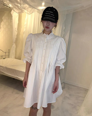 Frilled pintuck puff blouse mini dress