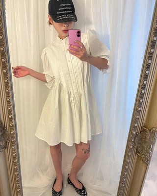 Frilled pintuck puff blouse mini dress