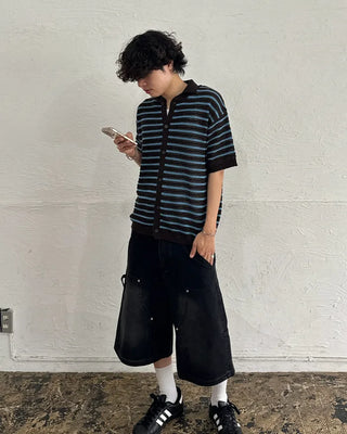 (Unisex) Striped Short-Sleeve Cardigan