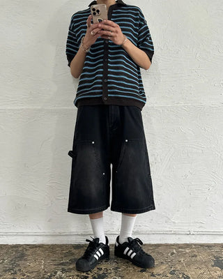 (Unisex) Striped Short-Sleeve Cardigan
