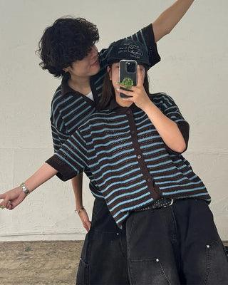 (Unisex) Striped Short-Sleeve Cardigan