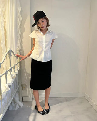 Flower stripe flared cap sleeve blouse