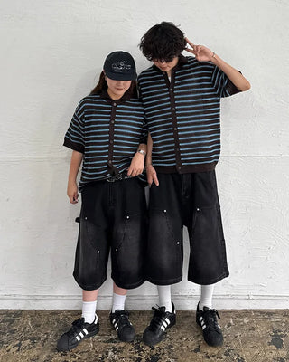 (Unisex) Striped Short-Sleeve Cardigan