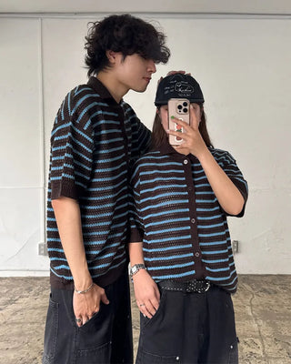 (Unisex) Striped Short-Sleeve Cardigan