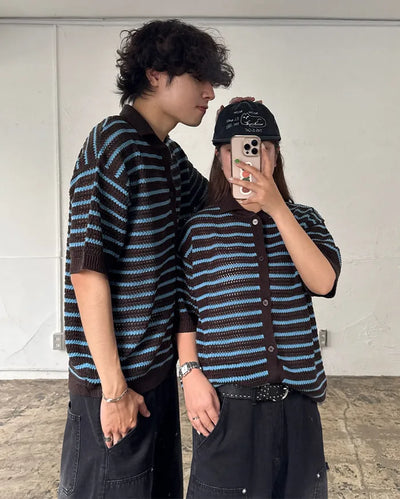(Unisex) Striped Short-Sleeve Cardigan