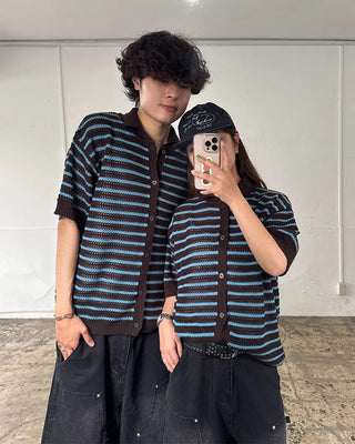 (Unisex) Striped Short-Sleeve Cardigan
