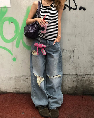 Three Vintage Distressed Wide Denim Pants