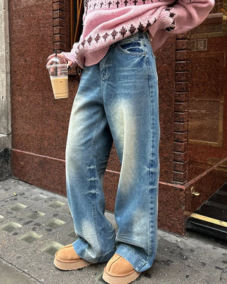 Unique whiskered wash low-rise denim pants