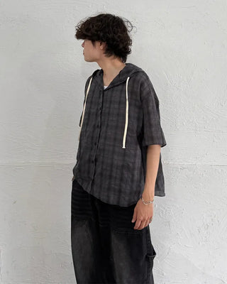 (Unisex) Check Hooded Short-Sleeve Shirt
