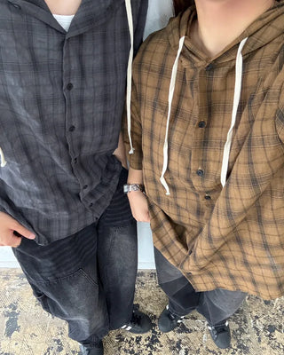 (Unisex) Check Hooded Short-Sleeve Shirt