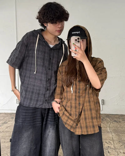 (Unisex) Check Hooded Short-Sleeve Shirt