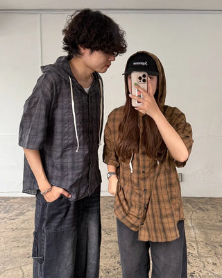 (Unisex) Check Hooded Short-Sleeve Shirt